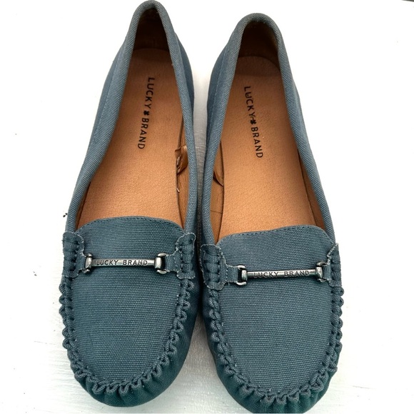 Lucky Brand Abeeku Blue Canvas Driving Moccasin Loafer Flat Sz 10M Metal Buckle - Picture 2 of 8